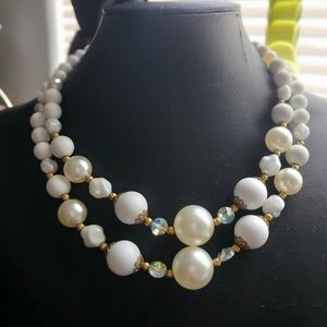 Vintage Faux Pearls Two-tone Two-strand Necklace AB Glass Beads 1960's